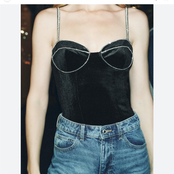 Zara Tops - Zara velvet  Bodysuit with diamonds Trim; size m, new